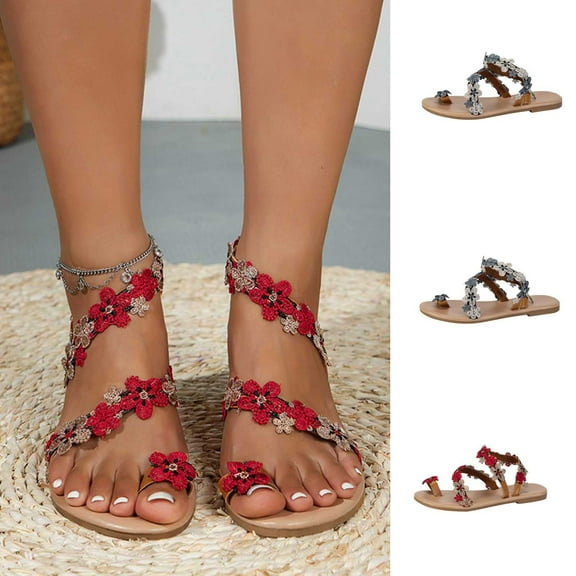 Jacenvly 2024 New Summer Plus-Size Ethnic Style Flower Clip-Toe Beach Flat Sandals Blue Sandals for Women