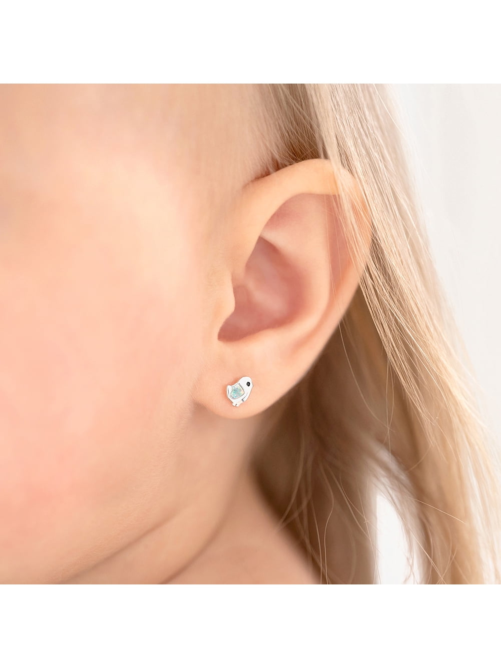 Simulated Opal Dove Kids / Children's Earrings Screw Back - Sterling Silver