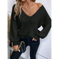 thumbnail image 4 of Women Off the Shoulder V Neck Sweater Top Fitted Long Sleeve Shirt Tie Back Sweater Black XL, 4 of 8