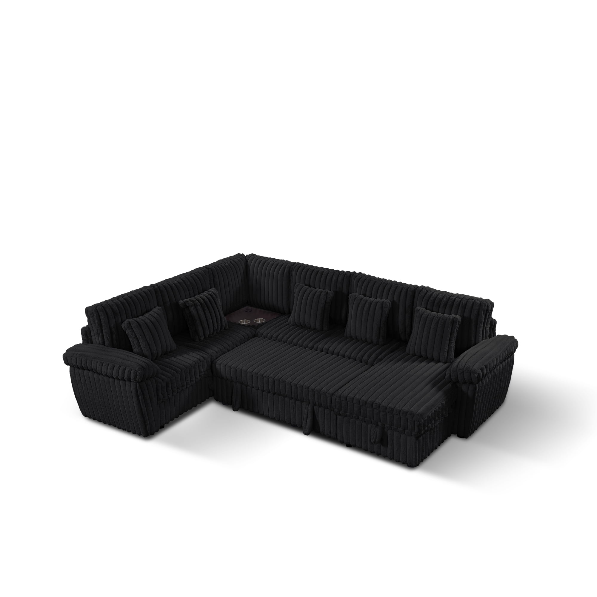 103" U-Shaped Corduroy Sectional Sofa with Pull-Out Sleeper Bed and Storage Chaise, Soft Plush Modular Sofa Couch with Corner Table with Cup Holders and USB Port for Living Room