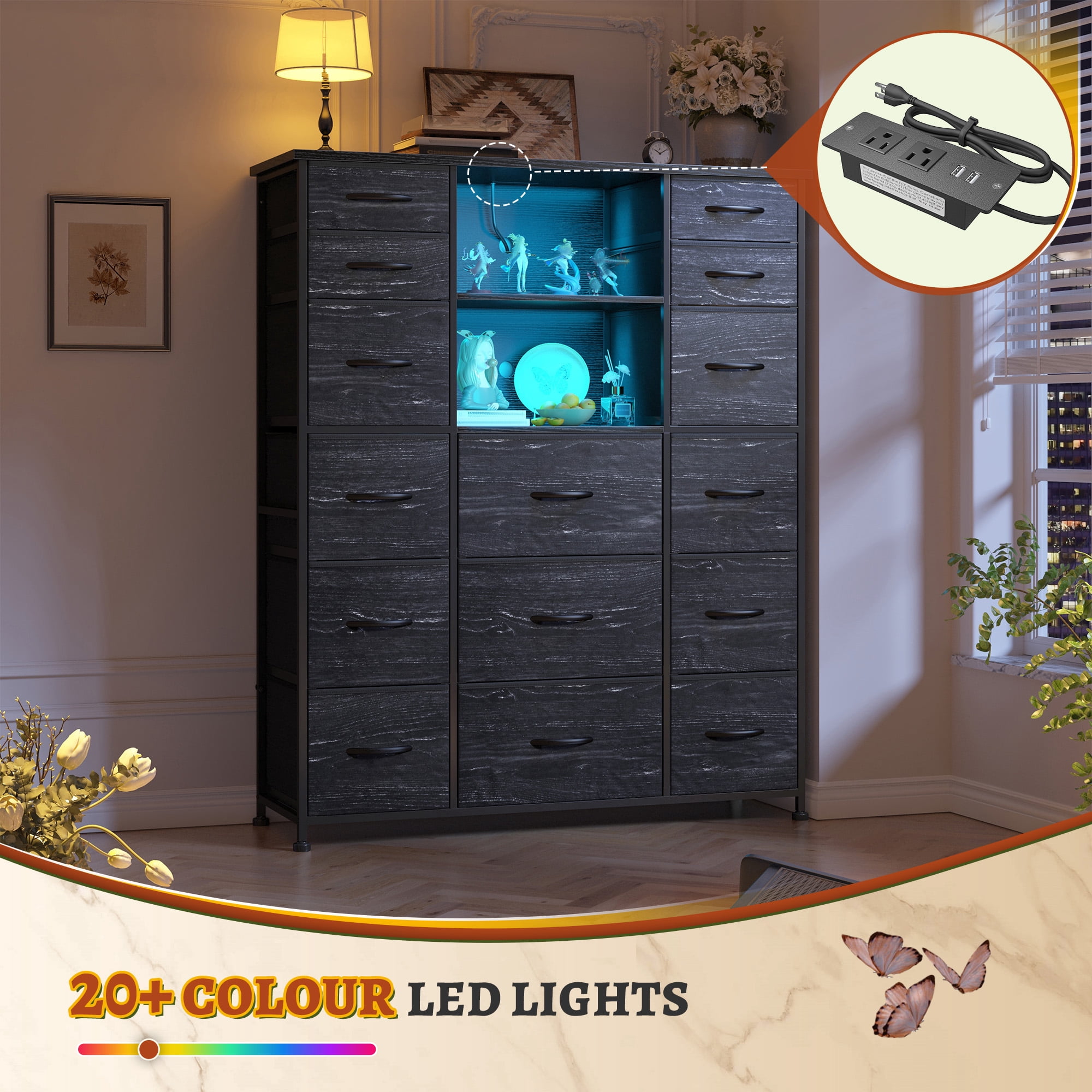EnHomee Black Tall Dressers for Bedroom with 15 Drawers Dresser with LED Lights &Charging Station,39"L x 12"W x 51"H