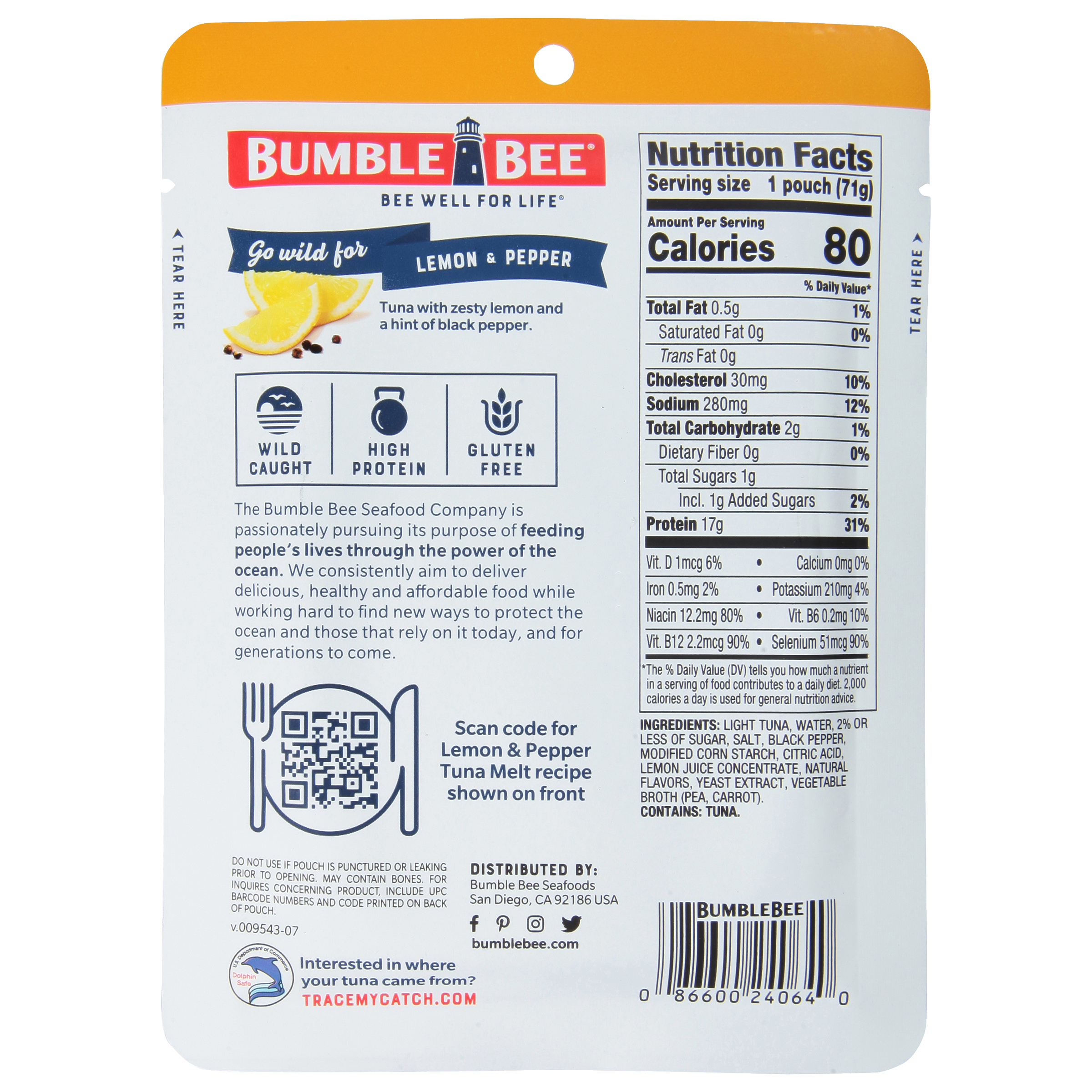 Bumble Bee Lemon & Pepper Seasoned Tuna, Wild Caught, Ready to Eat, Gluten Free, 17g of Protein per Serving, Shelf Stable Pouch, 2.5 oz
