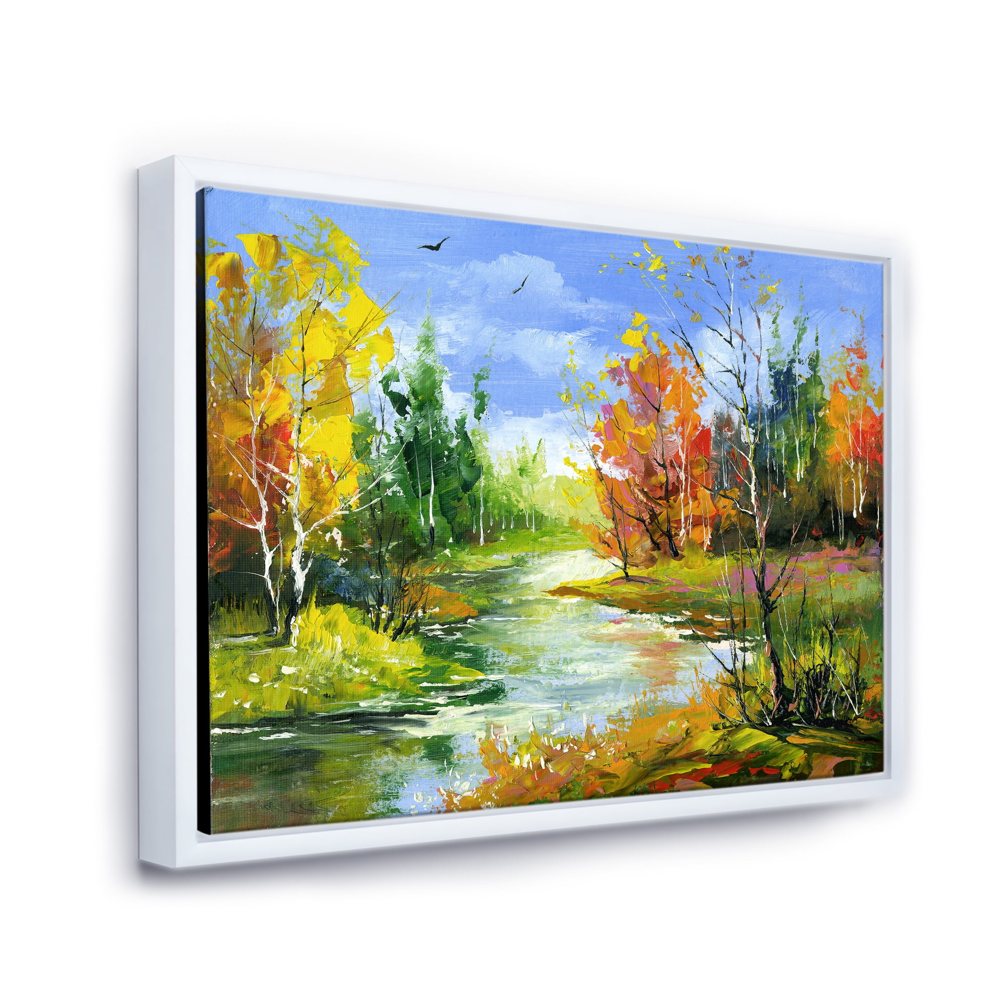 Designart 'Autumn Landscape With Forest and River' Lake House Framed Canvas Wall Art Print