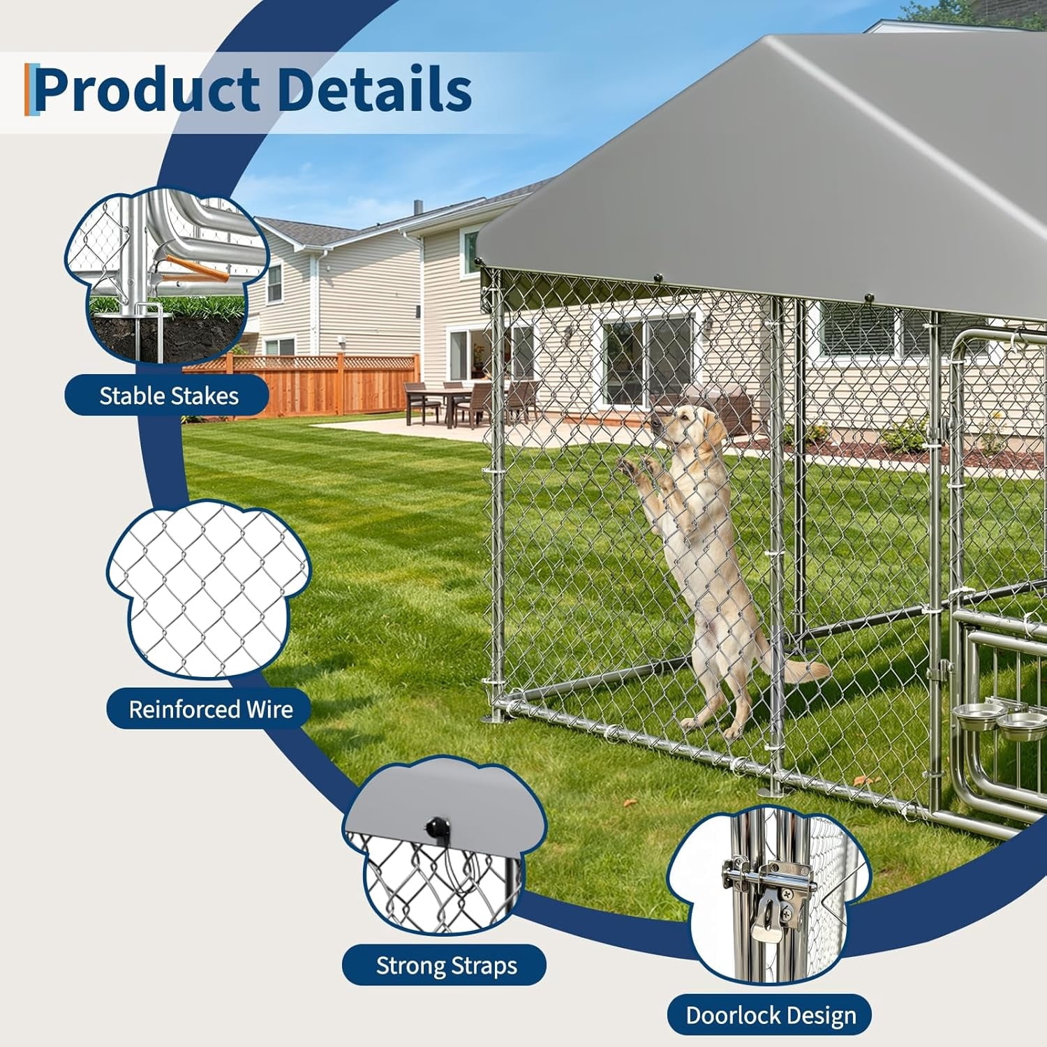 7.5×7.5×6.6 FT Home Large Metal Outdoor Dog Kennel, Metal Wire Dog Enclosure with Waterproof Roof & Adjustable Bowls Feeder for Backyard Farm