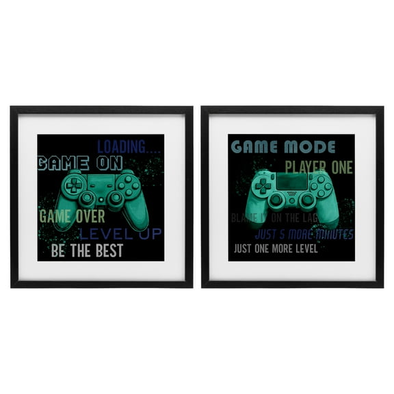 Stupell Industries Retro Gaming Phrases Controllers 2 Piece Black Framed Print Under Glass Set, design by Kim Allen