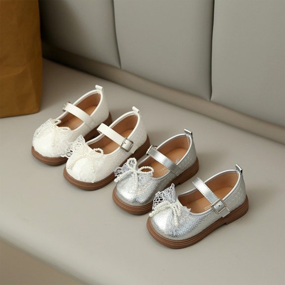 Domzle Toddler Girls Mary Jane School Uniform Dress Shoes Flats Wide Round Toe,Cushioned Comfort, Girl shoes for Wedding Party Daily Silver