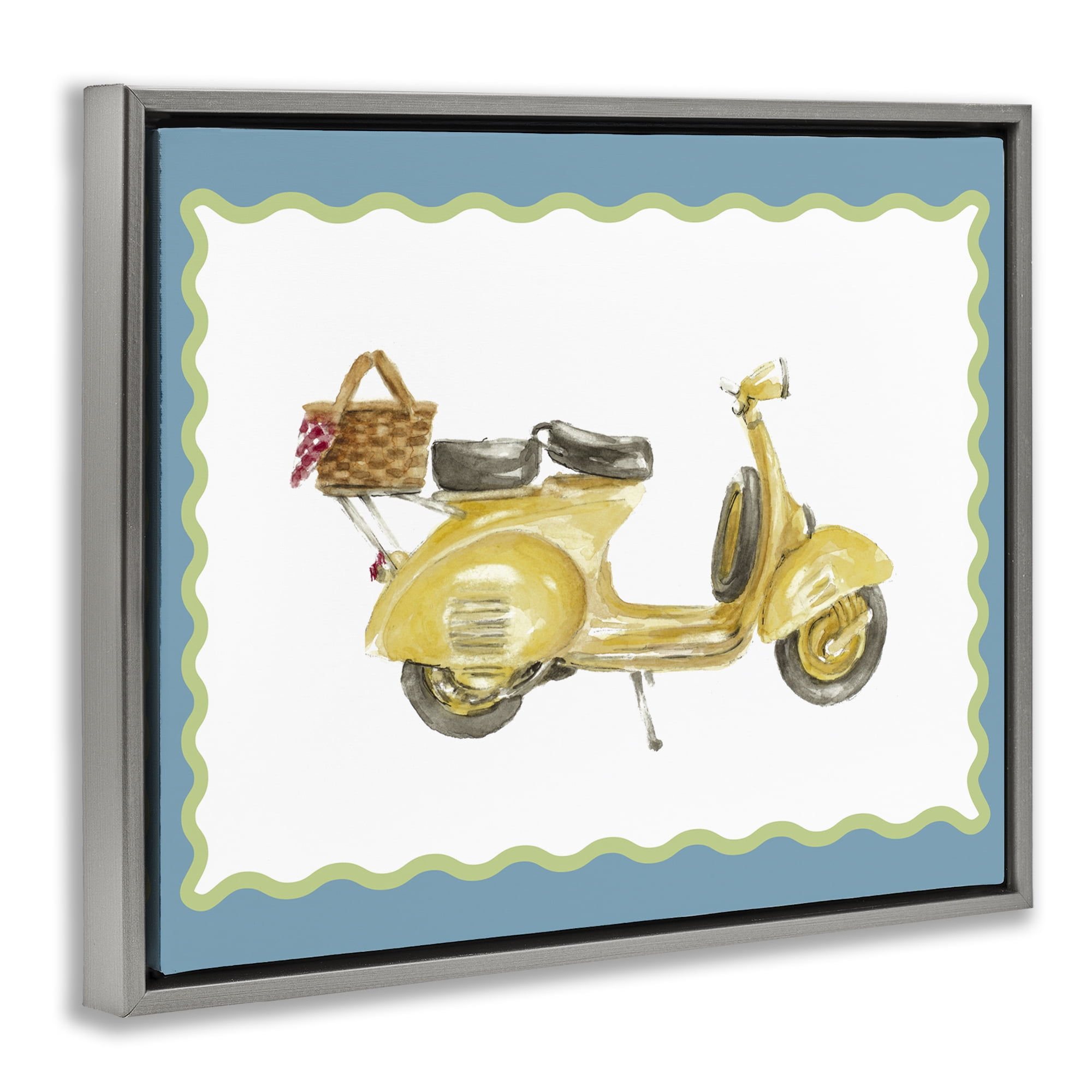 Stupell Industries Yellow Vespa with Wavy Border Gray Framed Floater Canvas Wall Art, design by Lanie Loreth