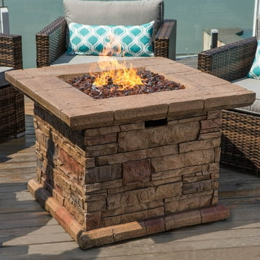 COSIEST Outdoor Propane 32-inch Square Fire Pit Table with Faux Brown Ledgestone