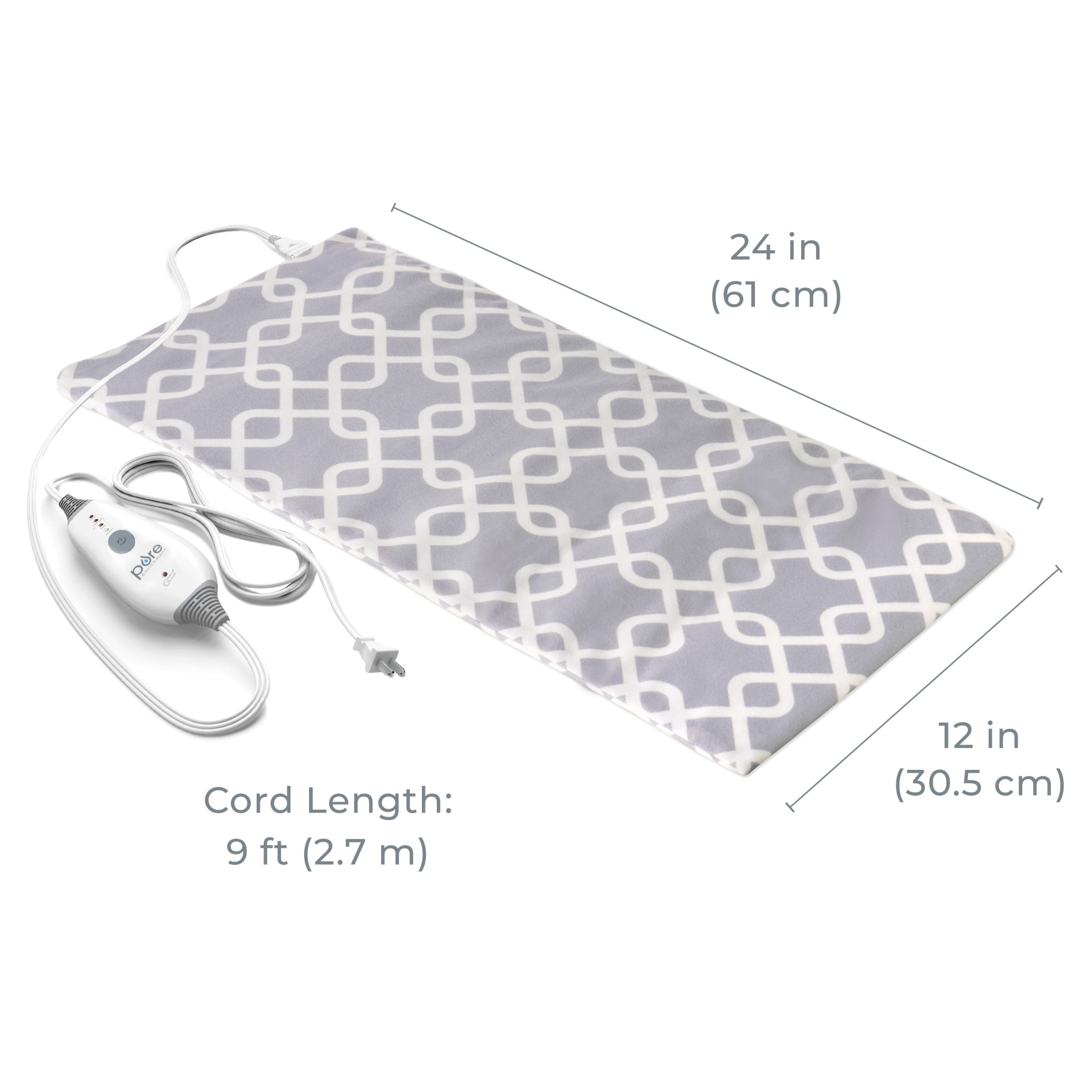 Pure Enrichment PurePureRelief Express Designer Series Electric Heating Pad - 12” x 24” Fast-Heating with 4 Heat Settings, Machine-Washable Fabric, & 2-Hour Auto Safety Shut-Off - Gray Trellis