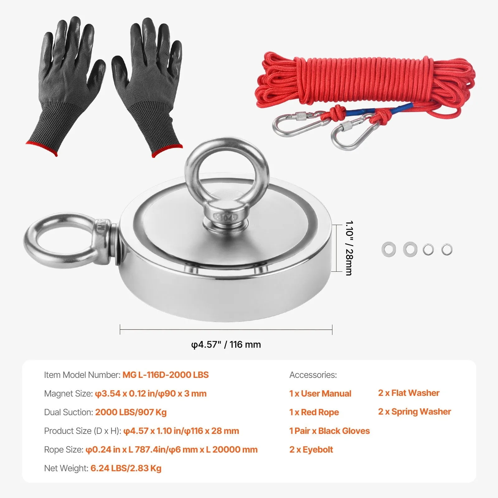 2000 LBS Magnet Fishing Kit, Double-Sided Neodymium Magnetic Fishing Set with Grappling Hook, Heavy Duty Rope & Gloves for Underwater Treasure Hunting