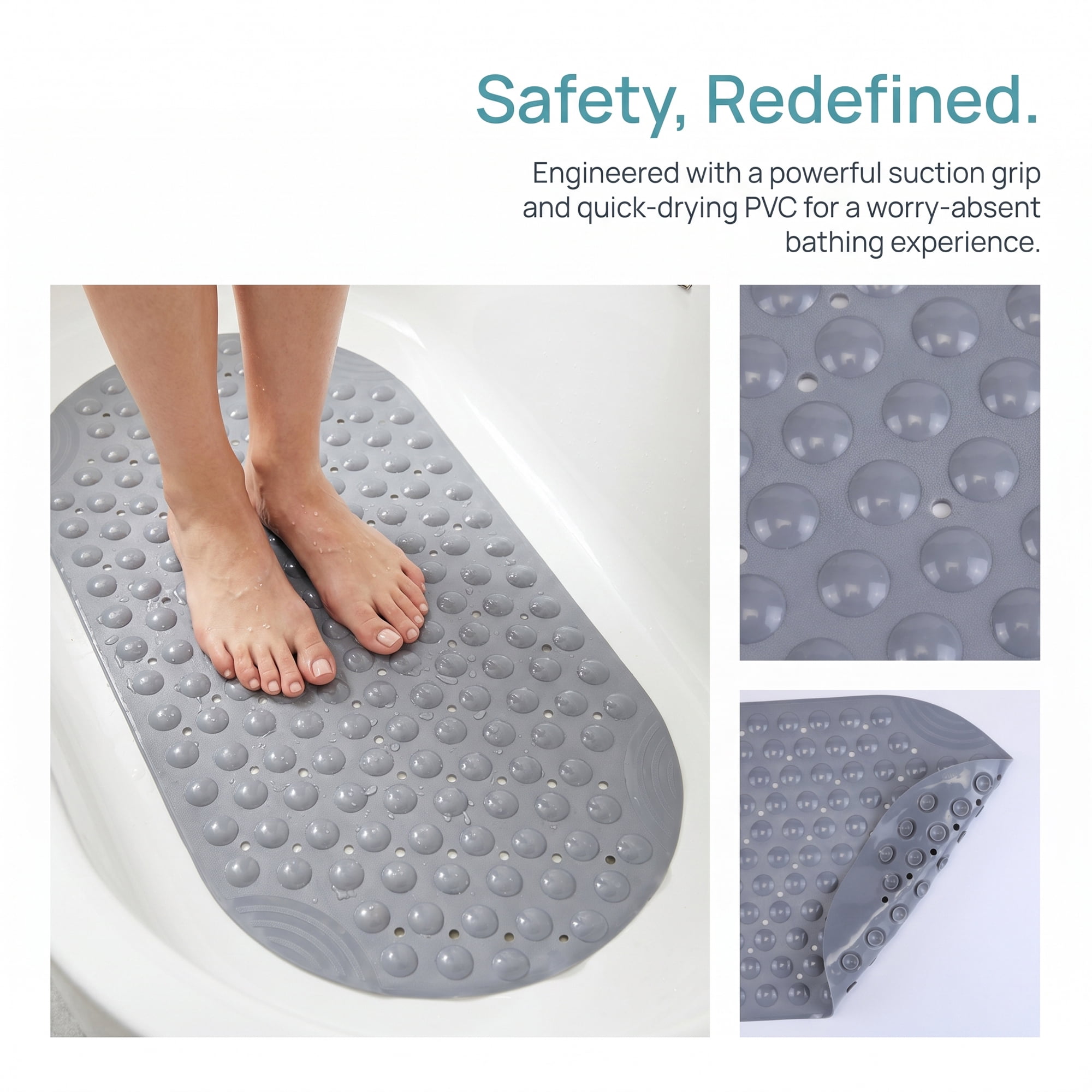 Unique Bargains Bathtub Mat Non-Slip Strong Suction Cups with Drain Holes Gray 35" x 16"