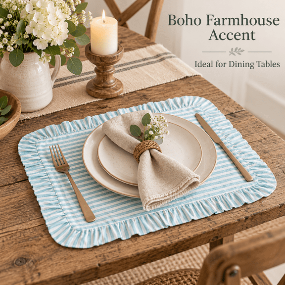Ruffled Striped Rectangular Placemats, Washable Fabric Table Mats for Kitchen Dining Room, Boho Farmhouse Table Decor, Non-Slip Heat Resistant, Blue
