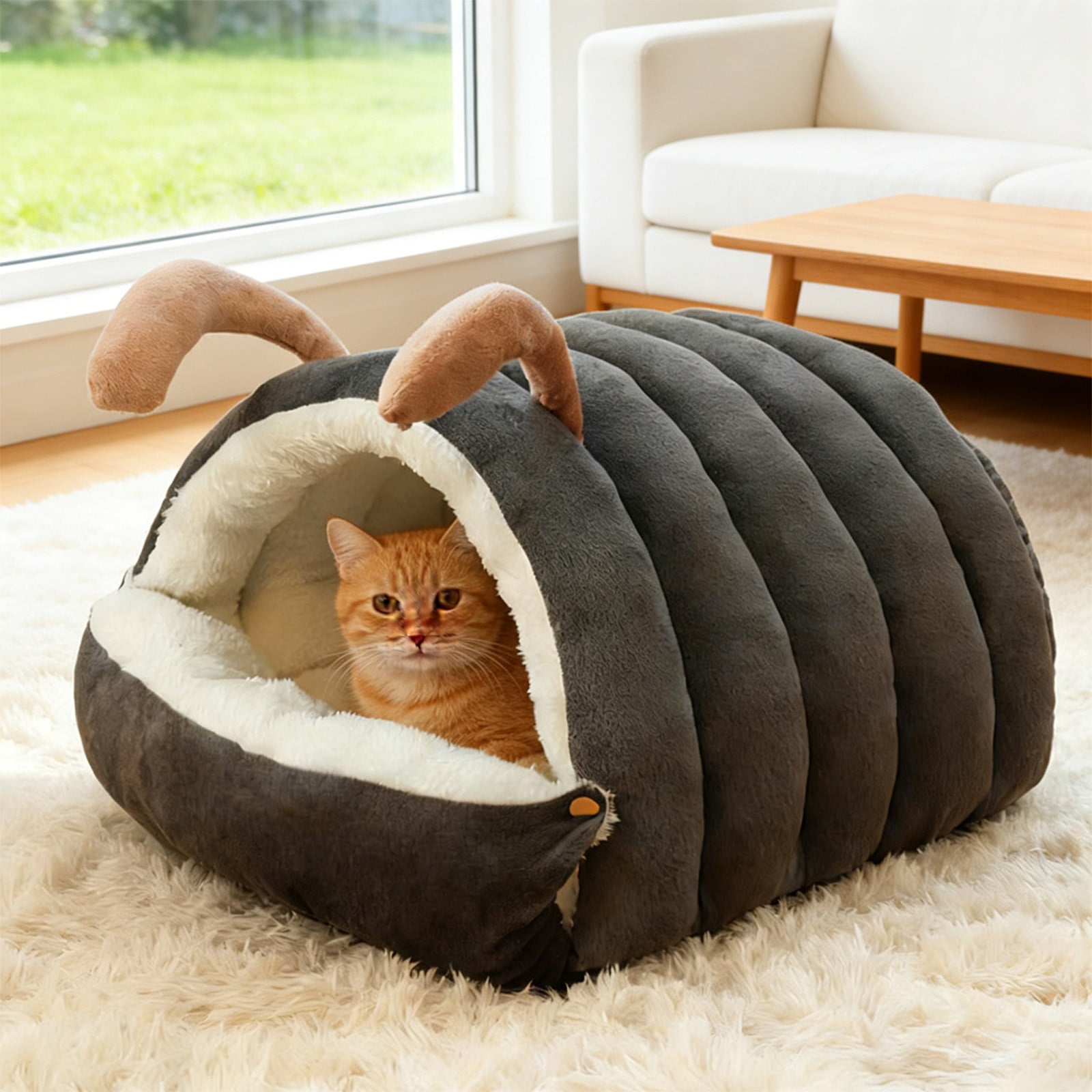 Winter-Warm Semi-Enclosed Cat Bed, Soft Foldable Removable Washable Pet Bed for Indoor Cats and Small Dogs, Plush Cuddler Snuggle Cave with Cushion, Cozy Sleeping Pod House for Kittens, Pets