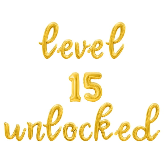 Cursive Script Letter Balloons - LEVEL 15 UNLOCKED 16" Inch Alphabet Letters Foil Mylar Balloon 15th Birthday Party Banner (Gold)