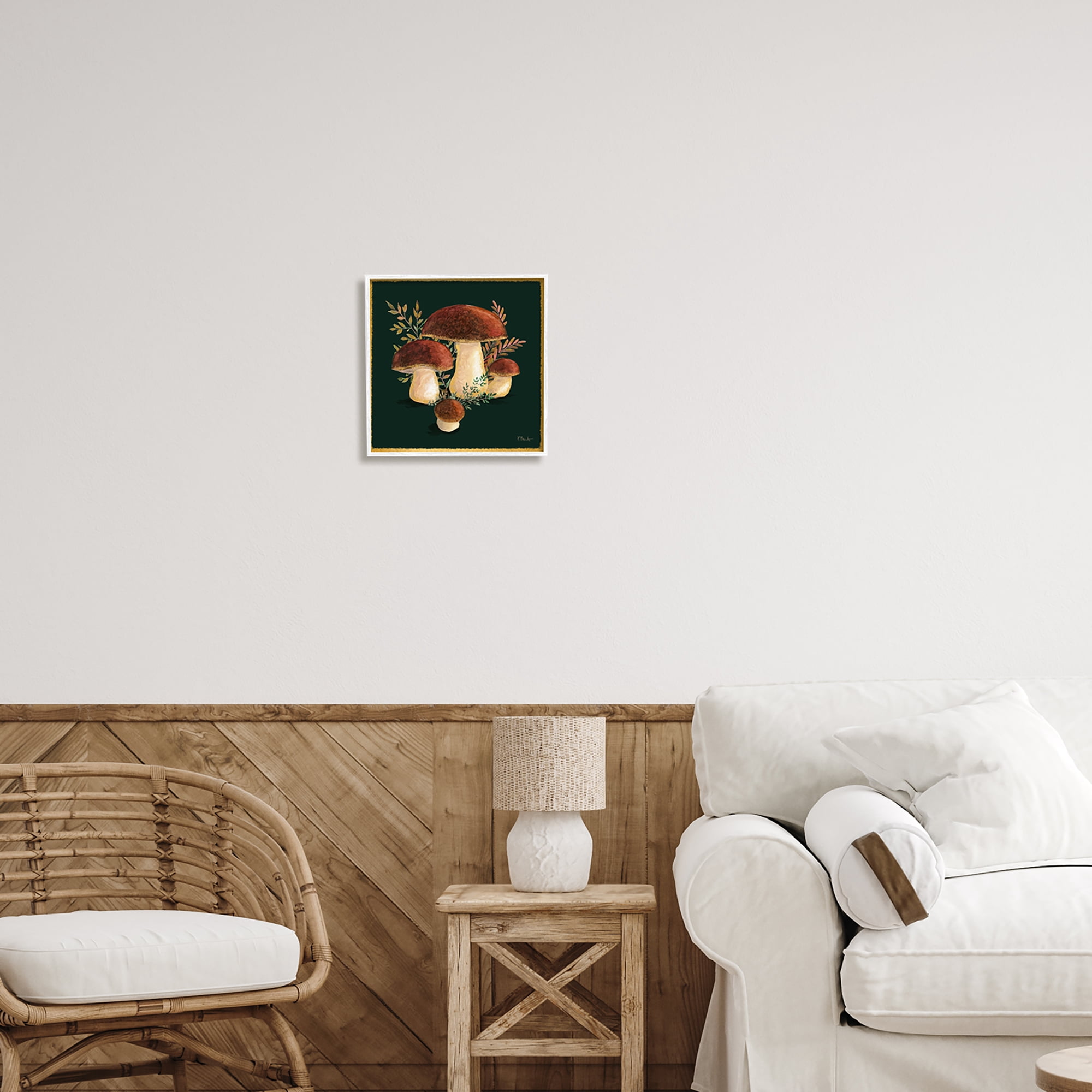Stupell Industries Mushrooms on Black Botanical & Floral Painting White Framed Art Print Wall Art, 12 x 12