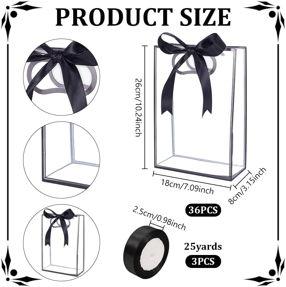 36 Pack Clear Plastic Gift Bags with Handles Reusable Transparent Bags Bulk with 75 Yards Ribbon for Wedding Bridesmaid Bridal Shower Birthday Graduation Business Party 7x10x3 inch (Black)