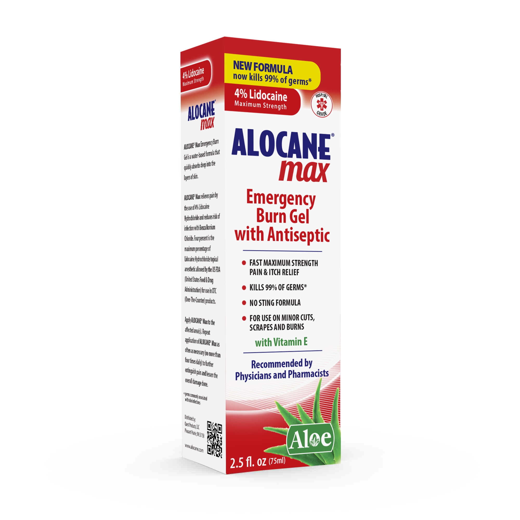 ALOCANE Max Maximum Strength Burn Gel with Antiseptic, 4% Lidocaine, Fast Pain Itch Relief, First Aid Treatment 2.5 fl oz