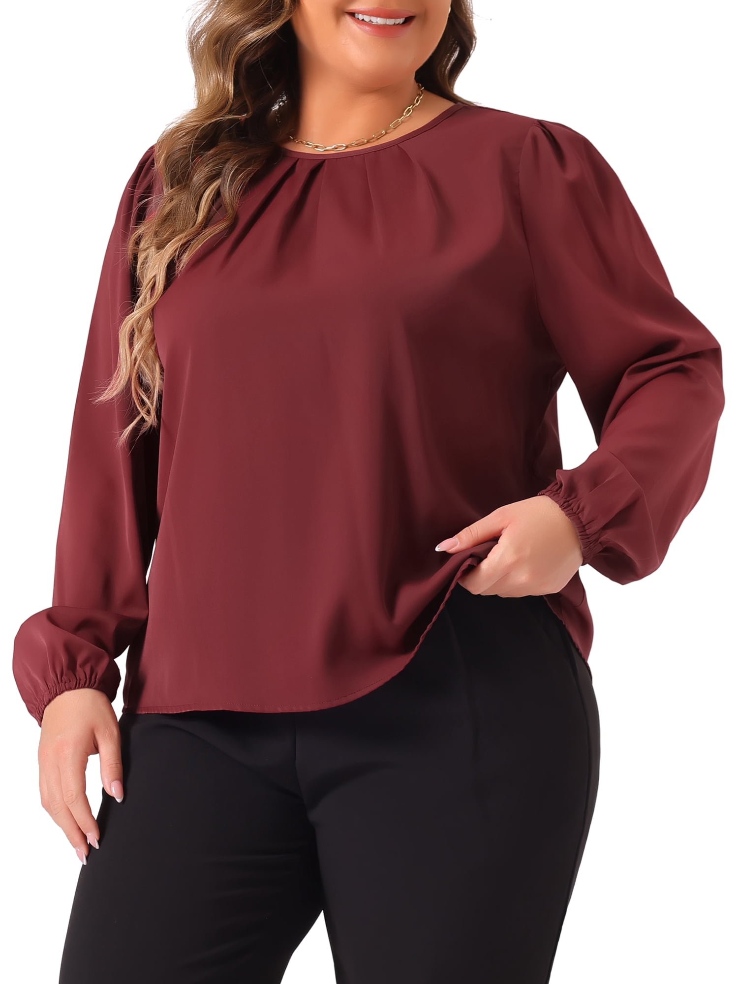 DARING DIVA Women's Plus Crew Neck Pleated Blouse 3X Burgundy