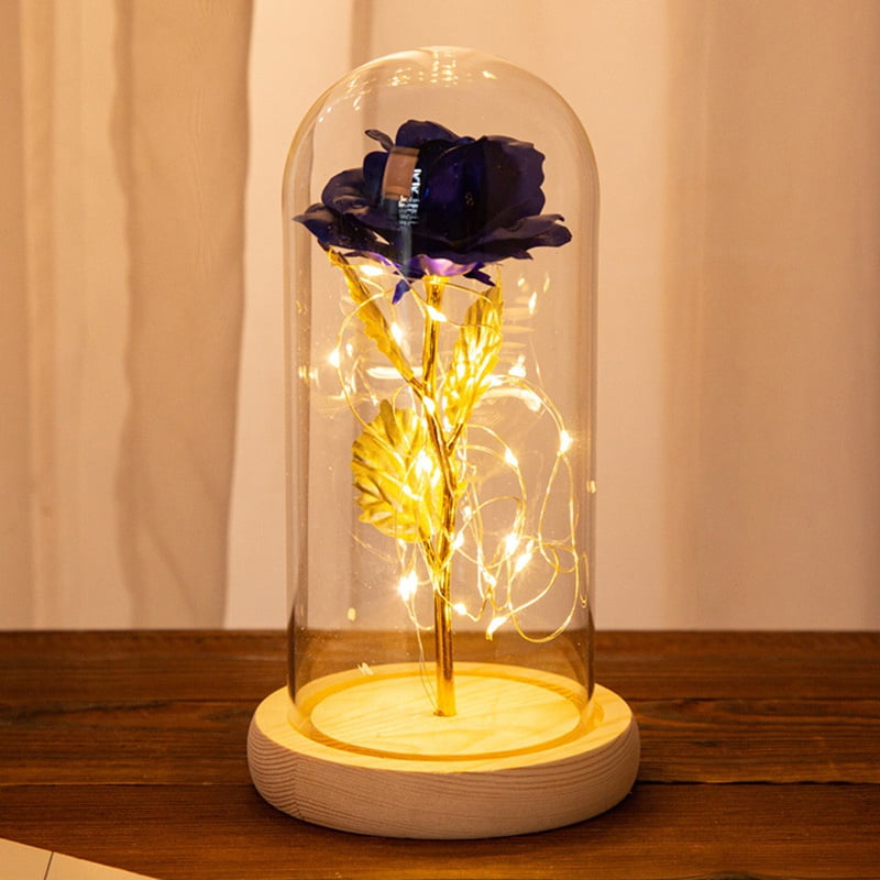 Eternal Rose Dipped in 24k Gold Foil Glass Lamp Dome LED Light Gift Night Lamp 