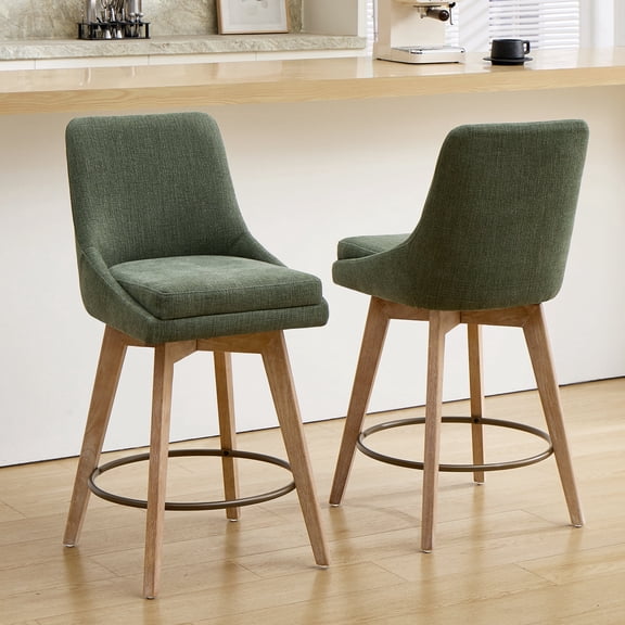 ONEVOG Mid-Century Modern Swivel Bar Stools Set of 2, 26" Counter Height Linen Upholstered Bar Chairs with Solid Wood Legs & Metal Footrest, Green