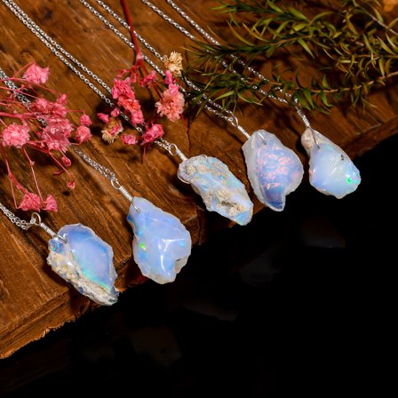 GemkoraGems 100% Natural Raw Opal Necklace, Fire Raw Ethiopian Opal Stone Dainty Pendant Necklace, Healing Chakra, Birthstone Jewelry, 925 Sterling Silver Chain 18 inch, Gift for Her