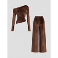 thumbnail image 2 of Women's Asymmetric Long Sleeve Ruched Top & Drawstring Wide Leg Pants Elegant 2 Piece Outfit Set, 2 of 8