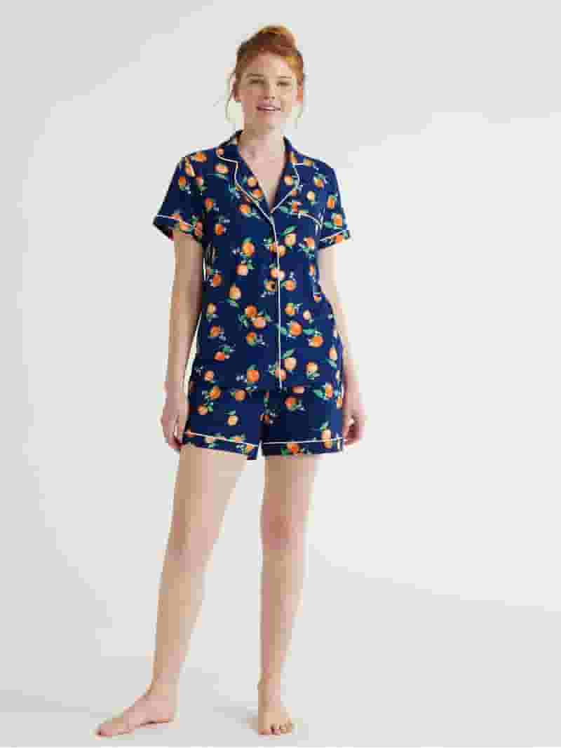 ★SPAO★ Small and cute short-sleeved pajamas NAVY SPPPF37U0 Joyspun Women's Short Sleeve Knit Notch Collar Top and