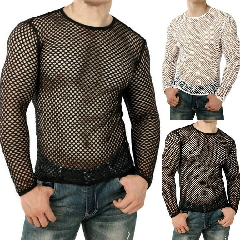 Men's Long Sleeve See Through Mesh Fishnet T Shirt Casual Muscle