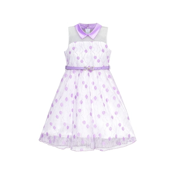 Girls Dress Purple Lace Dot Collar Belt Birthday Party 6 Years