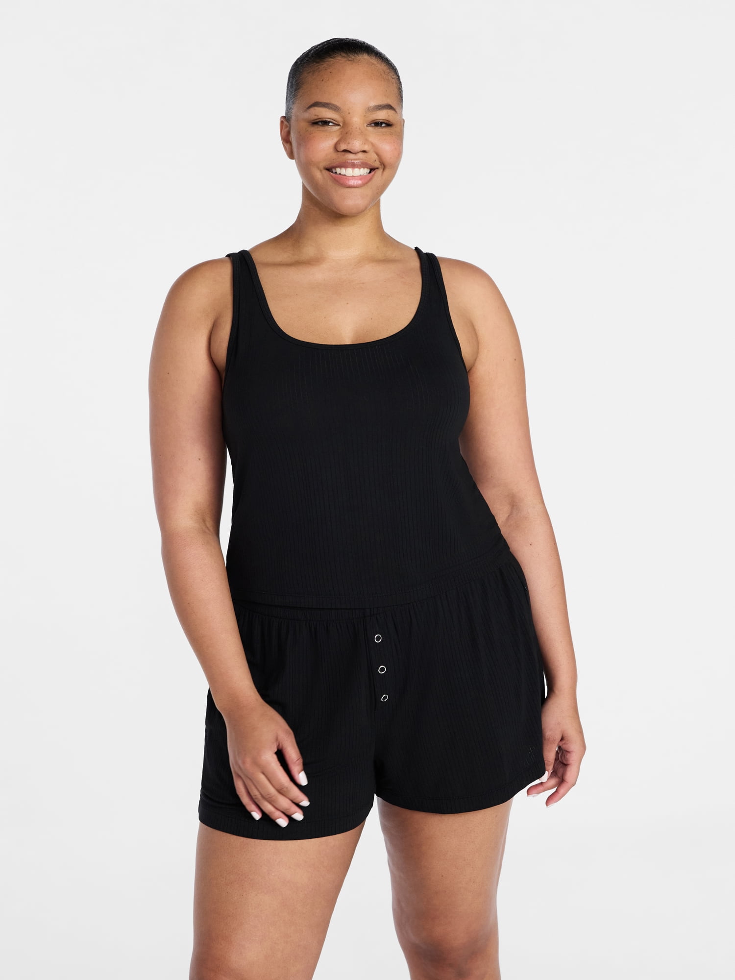 Joyspun Women’s Sleep Ribbed Modal Tank Top and Shorts Set, Size XS-XL, 2X-3X