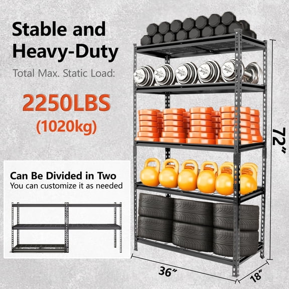 5-Tier Heavy-Duty Steel Garage Shelving 2250 lb Load Adjustable Boltless Storage Shelf Black 36"W x 18"D x 72"H