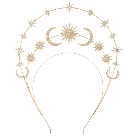 Golden Metal Star and Moon Headband Set for Women Decorative Layered Crown Hairstyle Accessories