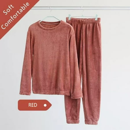 

Women s Solid Color Sweatshirt Set Soft & Warm Coral Fleece Pajamas Elastic Hem & Waist Long Sleeves Winter Home Suit New