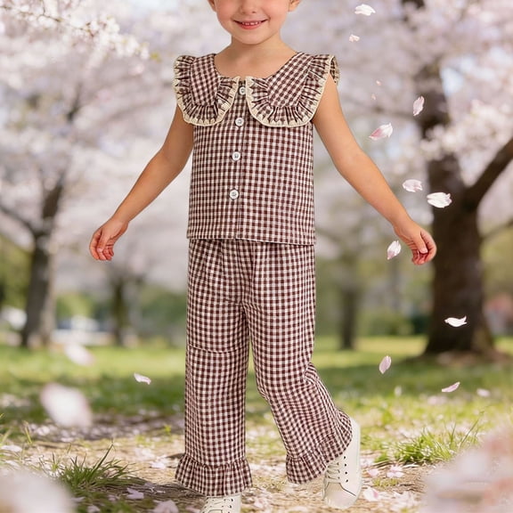 Amidoa Girls Summer 2 Piece Outfits Cute Cute Tank Top and Elastic Waist Pants Kids Clothing Set Brown Size 2T Brown Size 2T