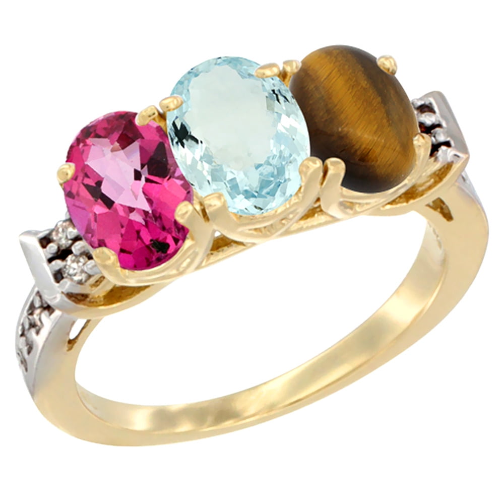 14K Yellow Gold Natural Pink Topaz, Aquamarine & Tiger Eye Ring 3-Stone 7x5 mm Oval Diamond Accent, sizes 5 10 by WorldJewels