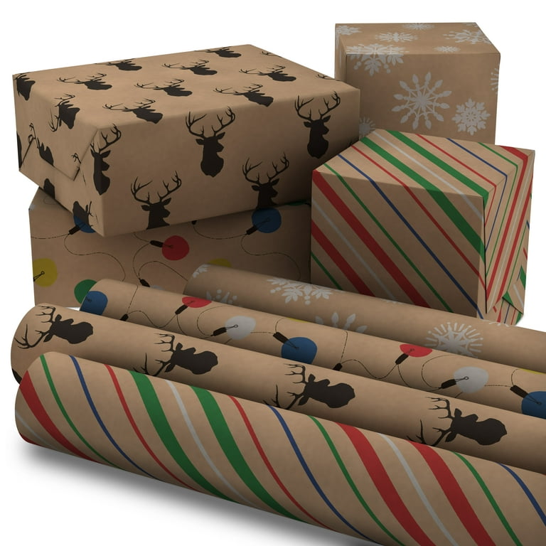 Hallmark Recyclable Christmas Wrapping Paper for Kids with Cut Lines on  Reverse (4 Rolls: 88 sq. ft. ttl) Kraft Brown with Christmas Lights, Deer