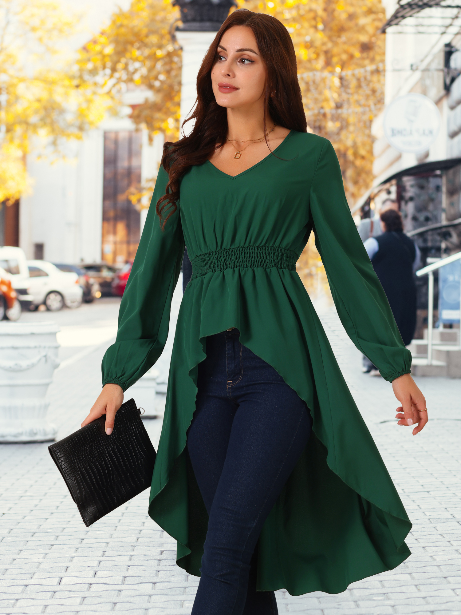 DARING DIVA Women's High Low V Neck Long Sleeve Dressy Blouses XL Green