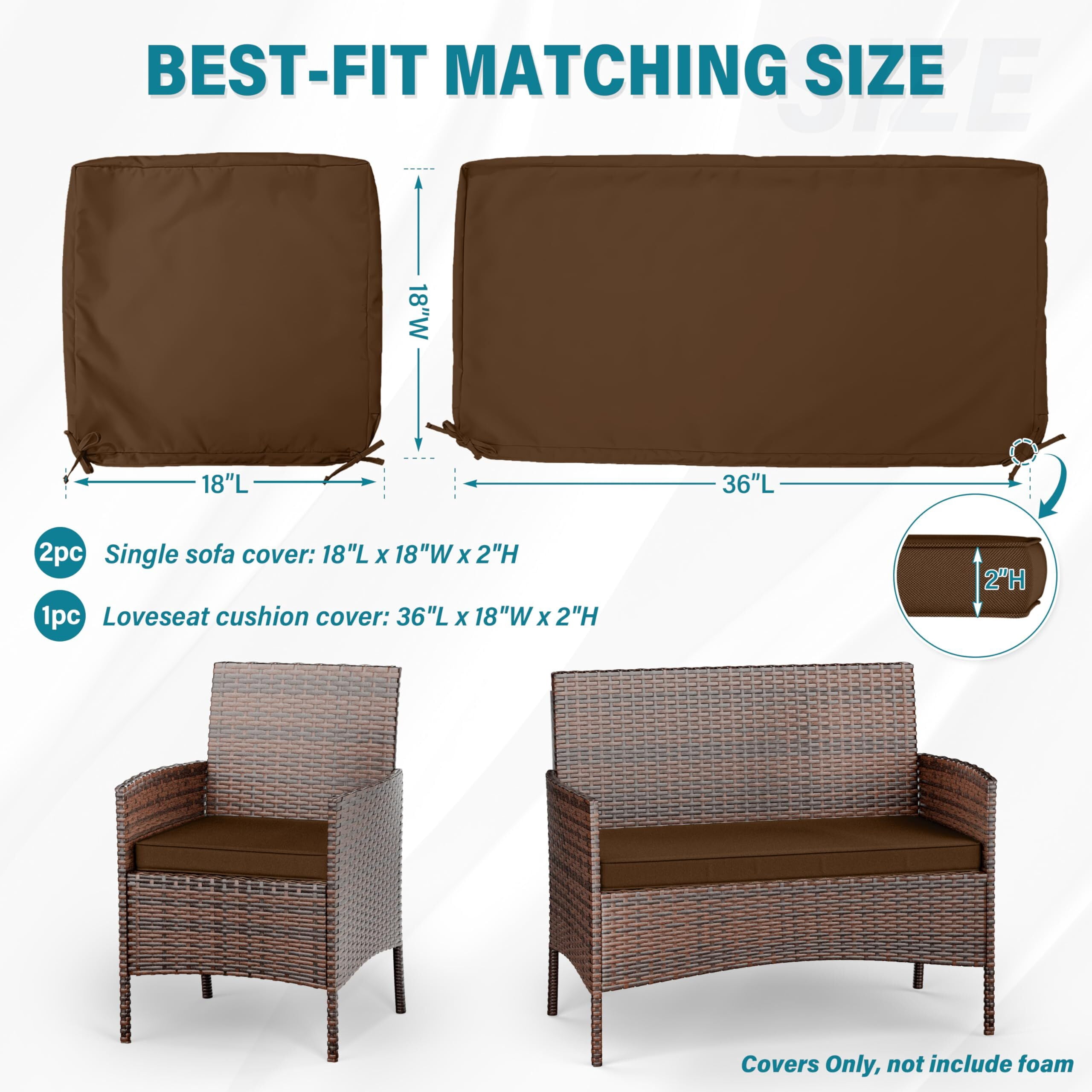Pakunoda 3Pcs Patio Cushion Covers 4-Seater Outdoor Cushion Slipcovers Replacement with Zipper for Garden Couch Wicker Rattan Sofa Furniture, Cover Only, Chocolate
