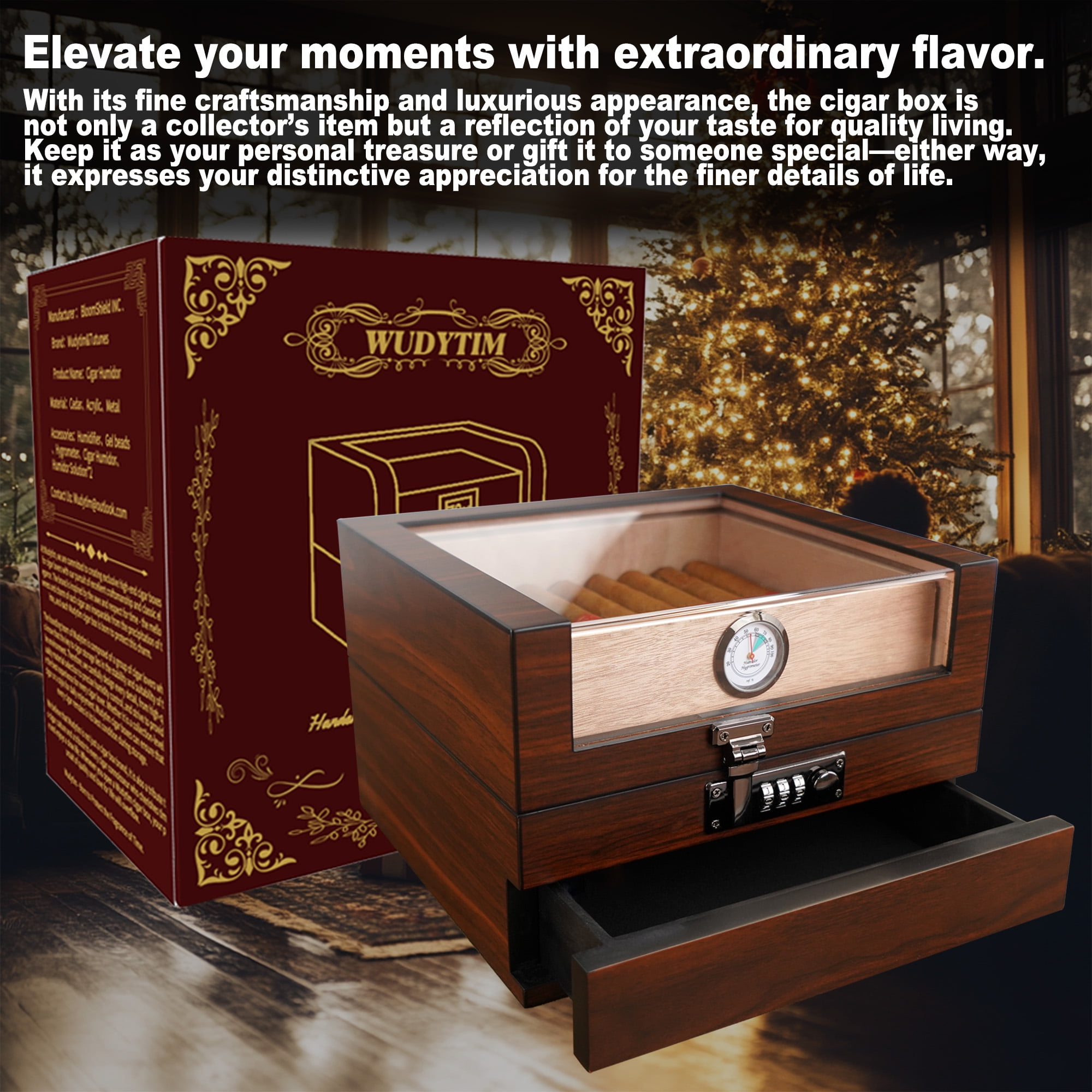 Wudytim Handcrafted Humidor Box – Spanish Cedar Lined Storage with 270° View and Accessories drawer (25-60 Cigars)