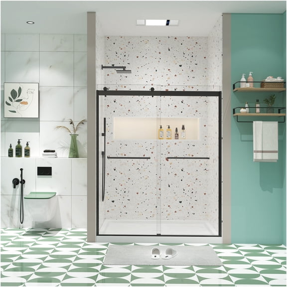 JERFIT 56-60" x 74" Matte Black Frameless Bypass Sliding Shower Door with Tempered Glass, Easy Clean & Anti-Leak Design