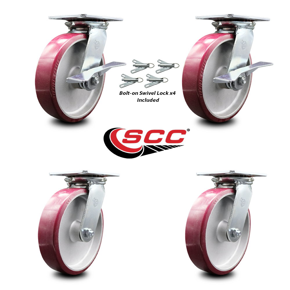 Heavy Duty Large Top Plate Poly on Alum Swivel Caster w/Main. Free Bearings Set 4 w/8" x 2" Maroon Wheels-Includes 2 Swvl w/Brakes and Bolt on Swvl Lck&2 Swvl w/Bolt on Swvl Lck - Service Caster Brand - image 2 of 6