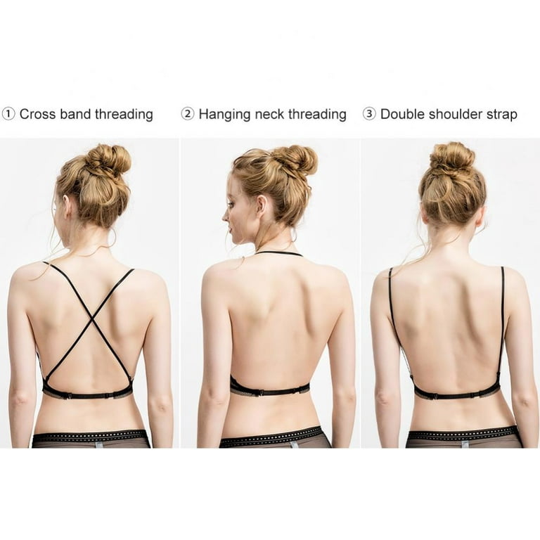 Popvcly Women's V Neck Spaghetti Strap Bra Padded Backless Bralettes for  Low Back Dress, Black, Size M