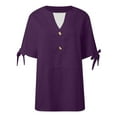 thumbnail image 4 of MIXUE Womens Summer Tops Summer Solid Color V Neck Button Short Sleeve Cold Shoulder Casual T Shirts Daily-Wear,Purple,M, 4 of 5