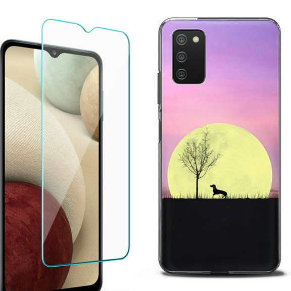 Slim-Fit Protective Fashion Phone Case (Black) for Samsung Galaxy A03s, with Tempered Glass Screen Protector, by OneToughShield ® - Moonlight Dachshund