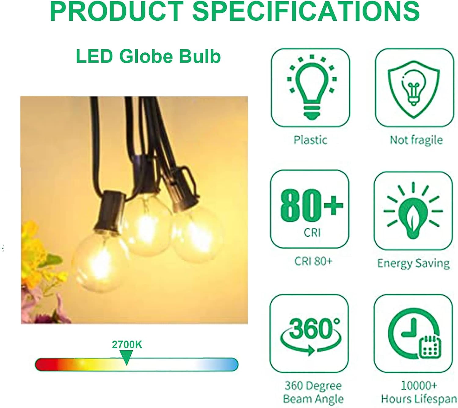 G40 LED Replacement Light Bulbs, 0.6W Shatterproof Globe Bulb, E12 Candelabra Base, 1.5 Inch Dimmable G40 Bulbs for Outdoor String Lights, Patio Decor- Warm White 25 Pack