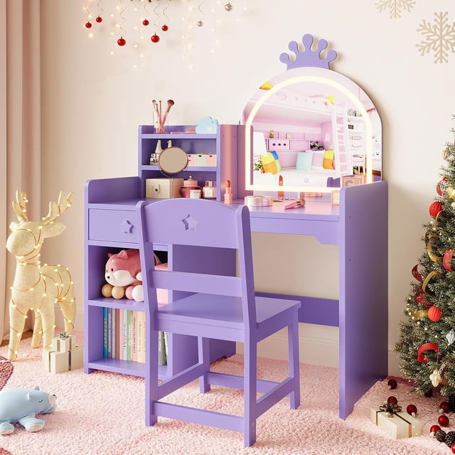 2-in-1 Girls Vanity Table with Lighted Crown Mirror, Vanity Set with Storage Cabinet, Bookshelf & Drawer