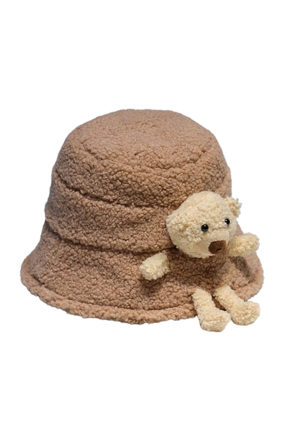 Women Winter Fluffy Plush Warm Bucket Hat Cute 3D Stuffed Teddy Bear Wide Brim Harajuku Outdoor Panama Fisherman Cap