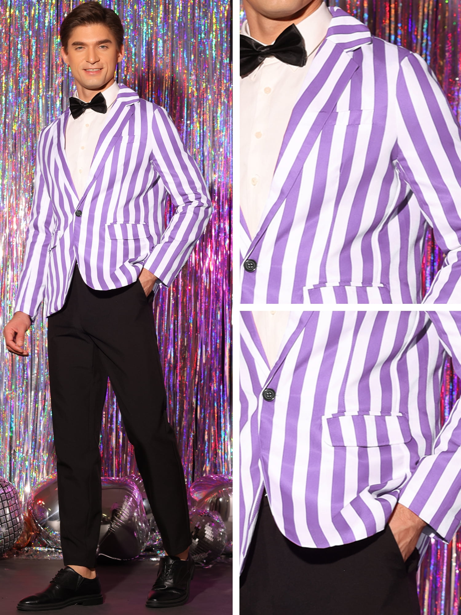 DARING DIVA Men's Striped Blazers One Button Business Stripes Patterned Coats S Purple White