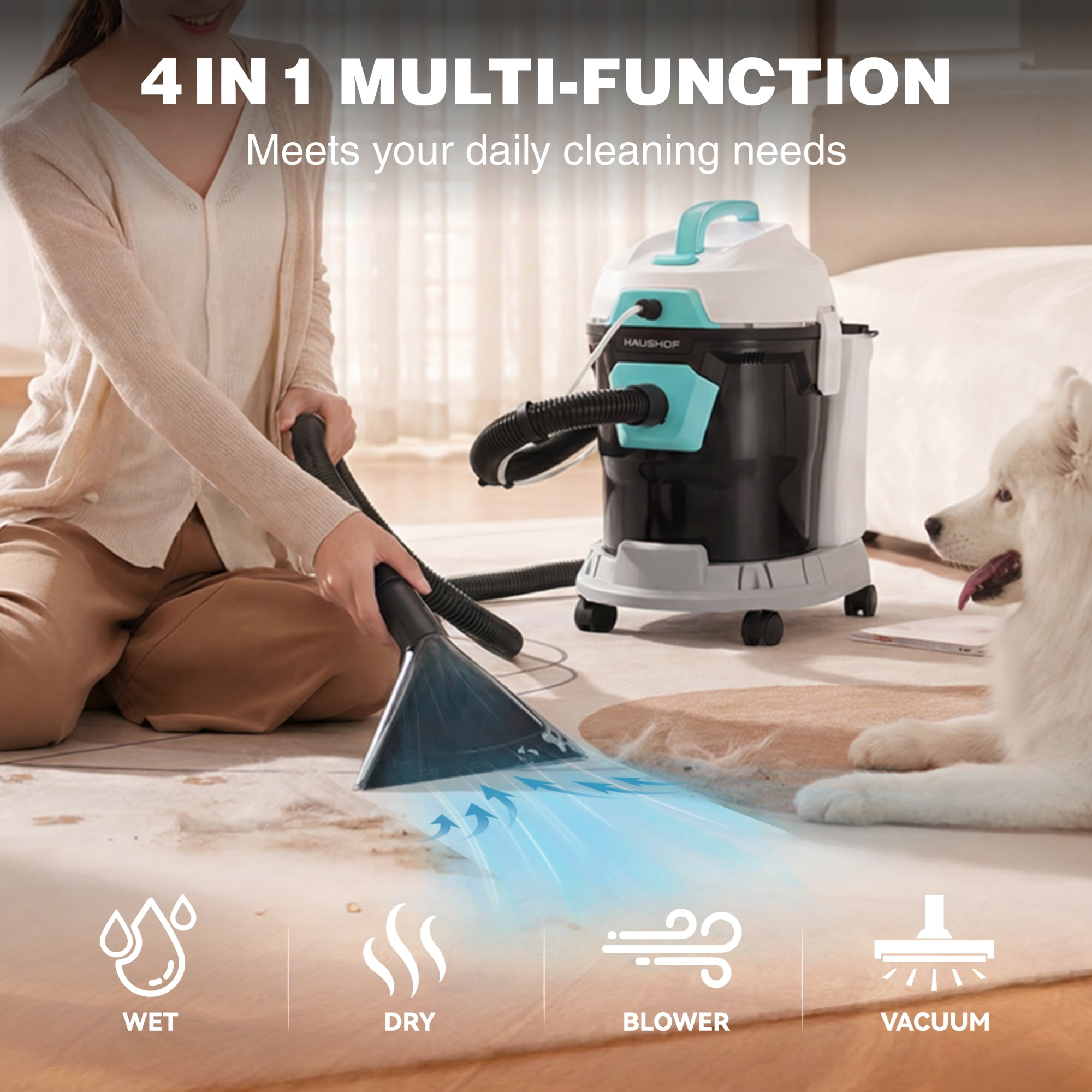 HAUSHOF 4 Gallon 5.5 Peak HP 4-in-1 Wet/Dry/Upholstery Vacuum Cleaner and Blower, Commercial Portable Shop Vac with Spot & Stain Cleaner for Home, Car, Workshop & Garage Cleaning