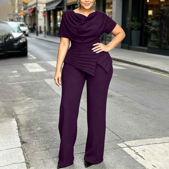 IUYRTFE Women's Plus Size Elegant Two Piece Outfit Draped Waist Top and Wide Leg Pants Formal Suit Set